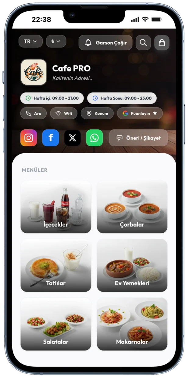 ProMenu QR menü önizlemesi