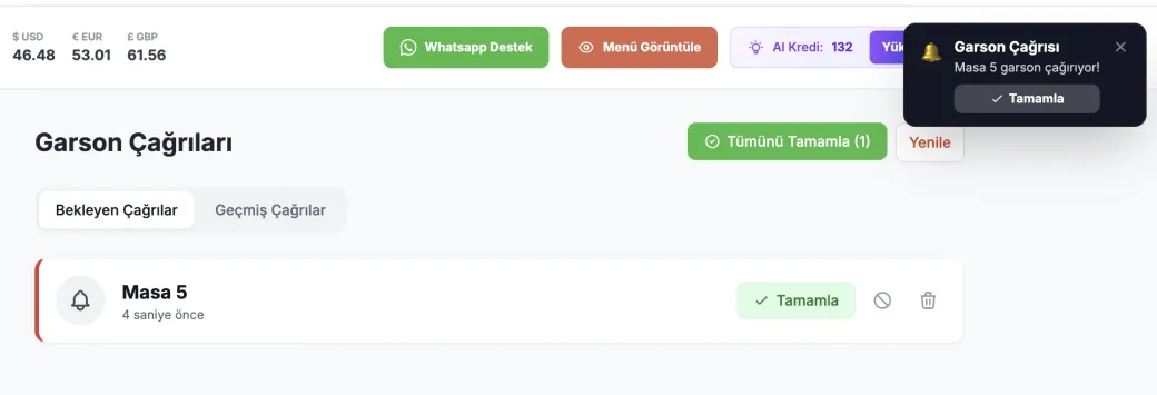 Garson Çağırma — ProMenu panel ekran görüntüsü