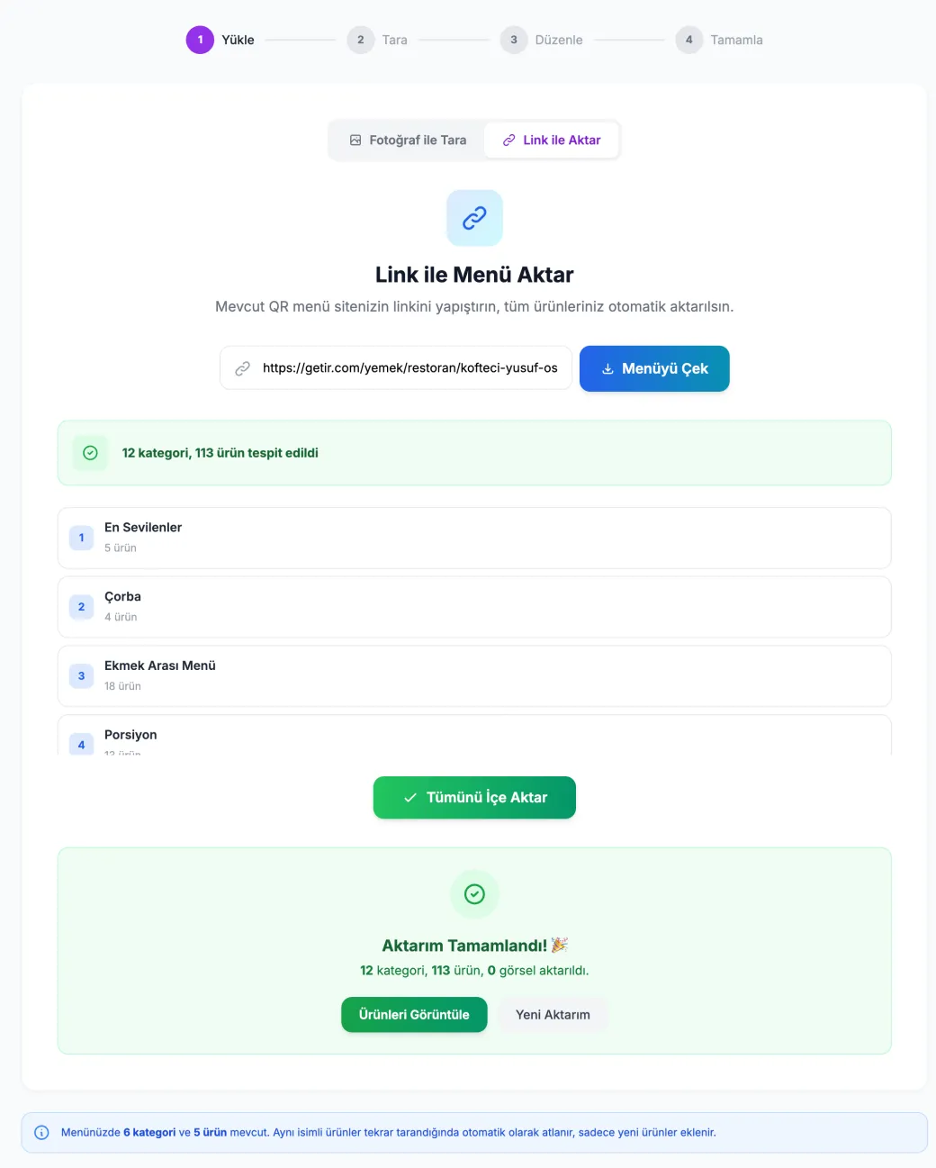 Linkten Menü Aktarma — ProMenu panel ekran görüntüsü