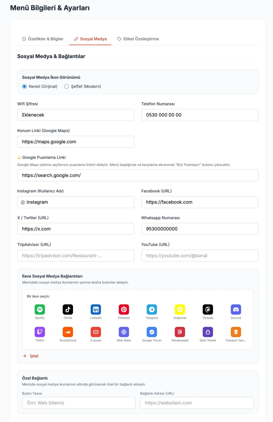 Sosyal Medya Butonları — ProMenu panel ekran görüntüsü