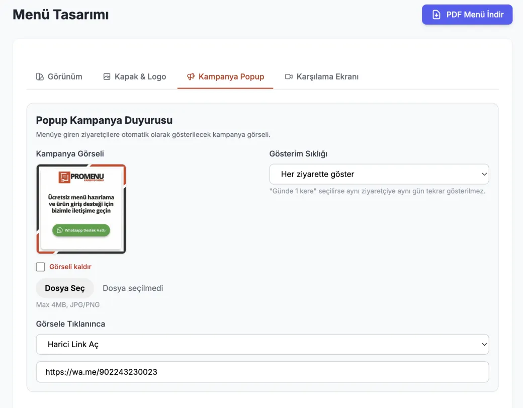 Popup Duyuru & Kampanya — ProMenu panel ekran görüntüsü
