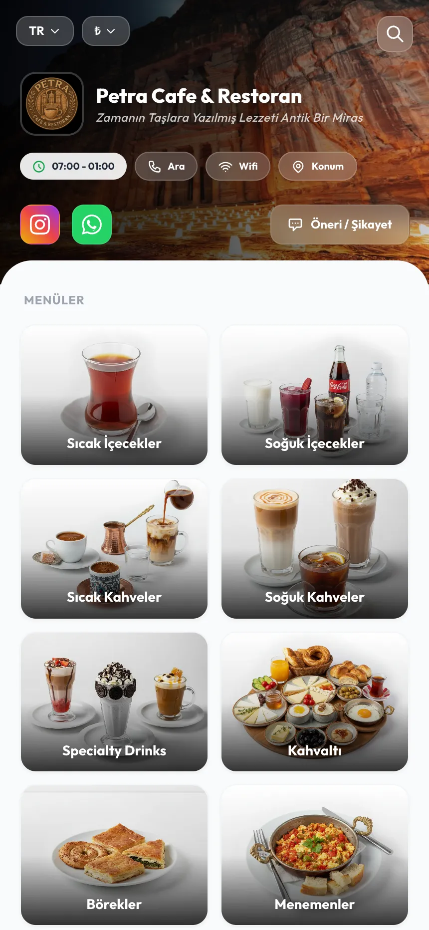 Petra Cafe & Restoran QR menü önizlemesi