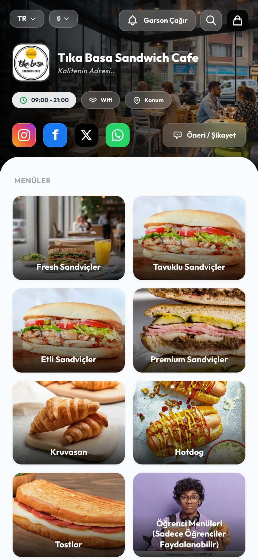 Tıka Basa Sandwich Cafe QR menü önizlemesi