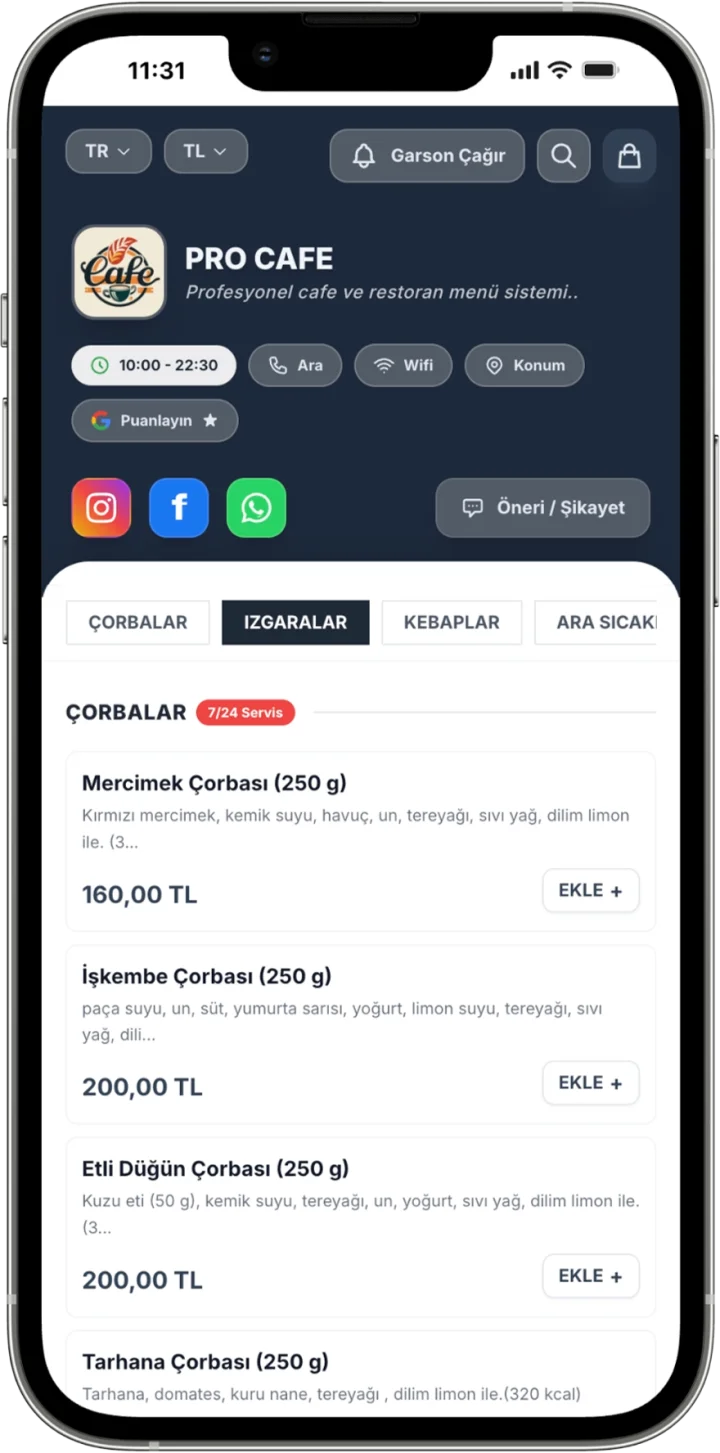 Sade Beyaz QR menü teması önizlemesi